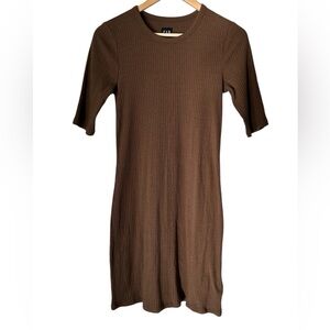 NWT Gap Ribbed Half Sleeve Bodycon Stretchy Cotton Mini Dress in Cozy Brown - S